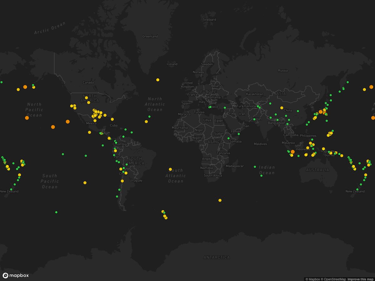 World map with earthquakes, fires and storms coloured by severity